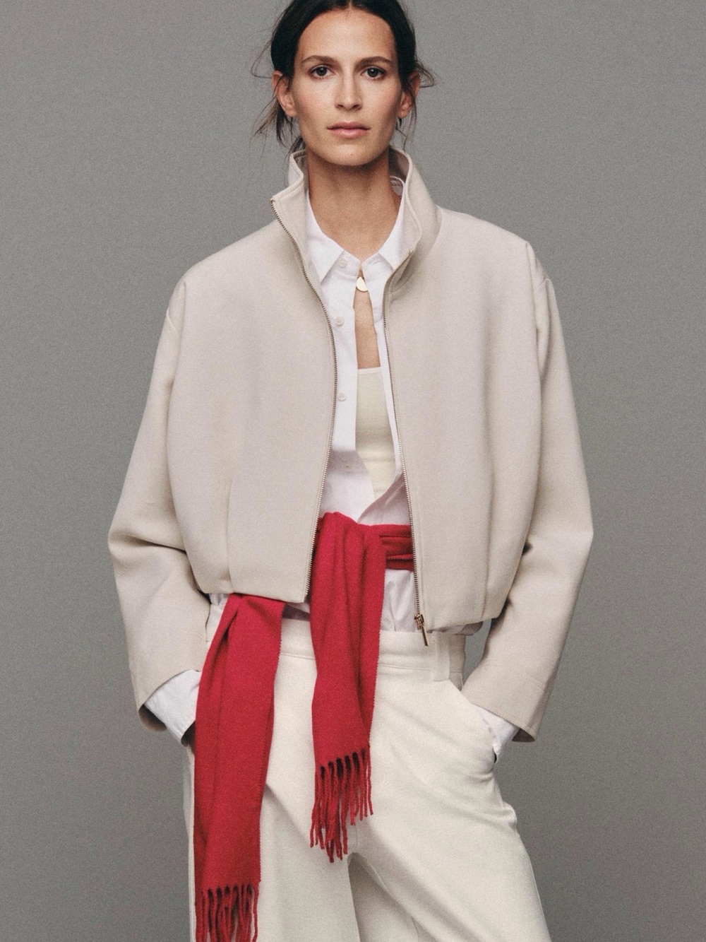 NWT Zara Cropped Cream Zip-Front Women’s Jacket High Neck Size Medium